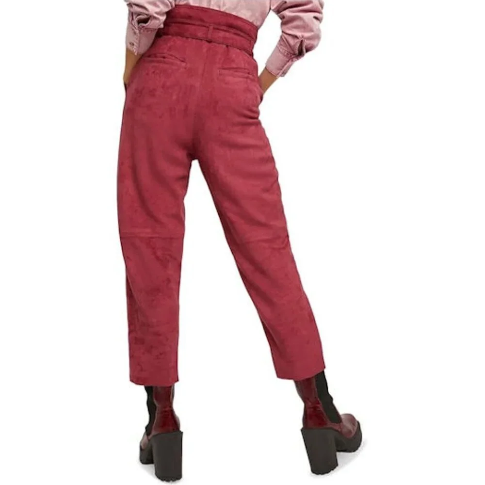 Free People Womens Red Faux Suede Belted Cropped Pants Size: 6 NWT